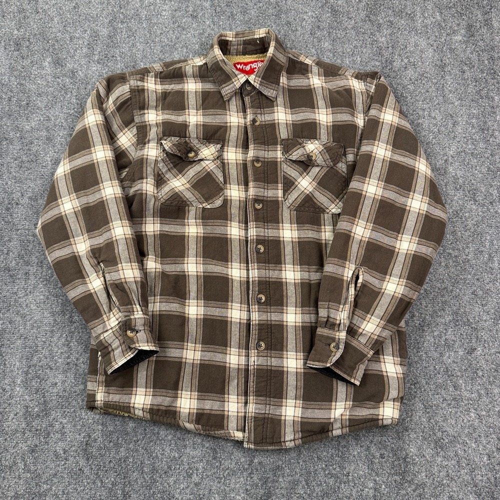 Wrangler Flannel Jacket Mens Sm Brown Plaid Sherpa Lined Shirt Shacket Pockets